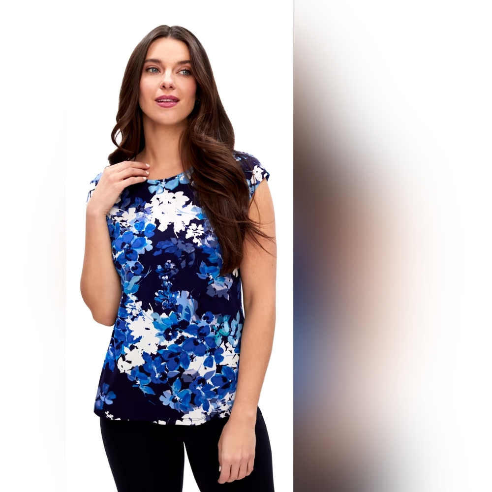 Women's Blue Floral Cap-Sleeve Top